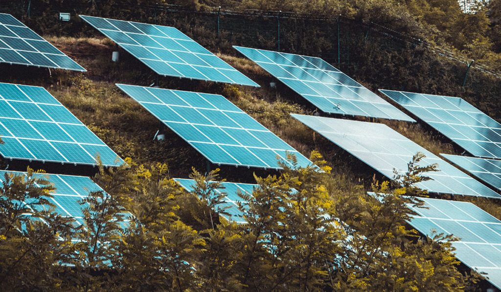 Solar PV panels positioned on a grassy hillside
