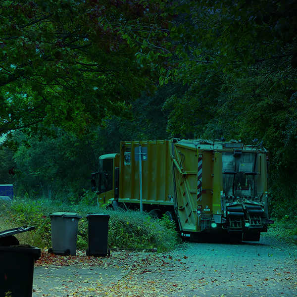 Business waste lorry driving off into the distance with wheelie bins in the foreground