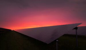 A commercial solar PV array in front of a pink and yellow sunset