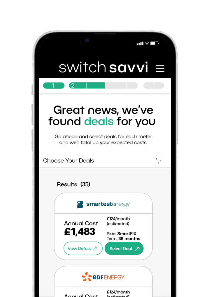 A list of energy deal cards presented on a smart phone screen