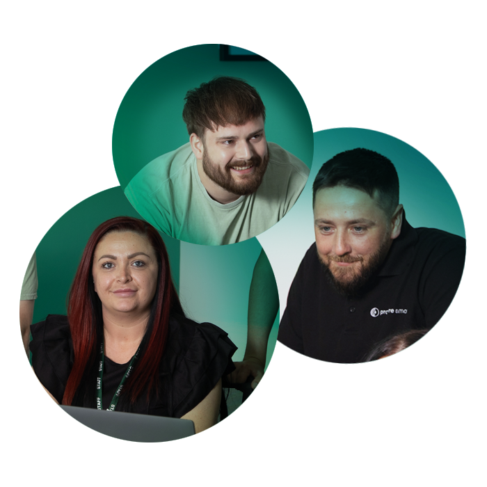 Three people with smiling faces, including two men and one woman