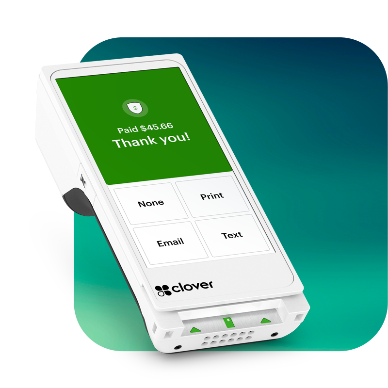 A Clover Flex Card Terminal in front of a teal square