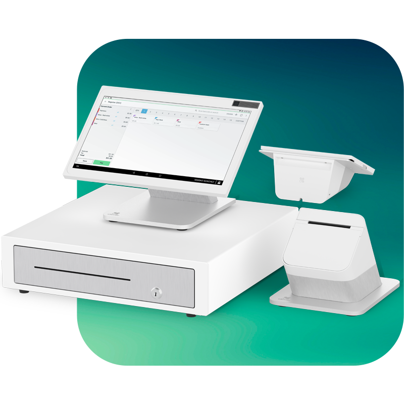 A Clover Station Card Payments terminal and till in front of a teal square