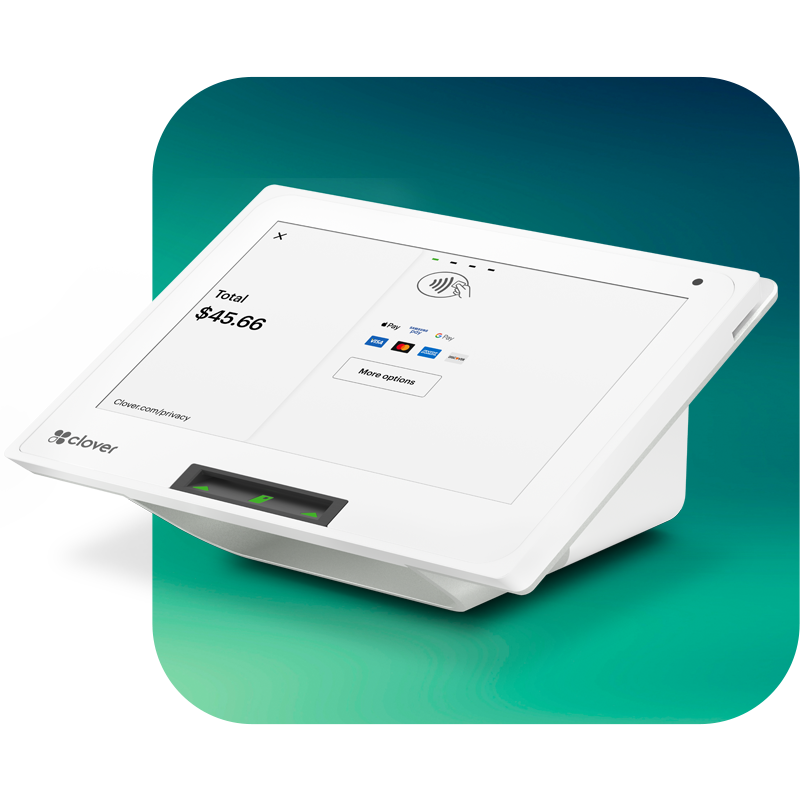 A Clover Mini Card Payments terminal in front of a teal square