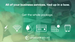 A gift with the text "Business services all tied up in a bow. Get the whole package." Procure Smart